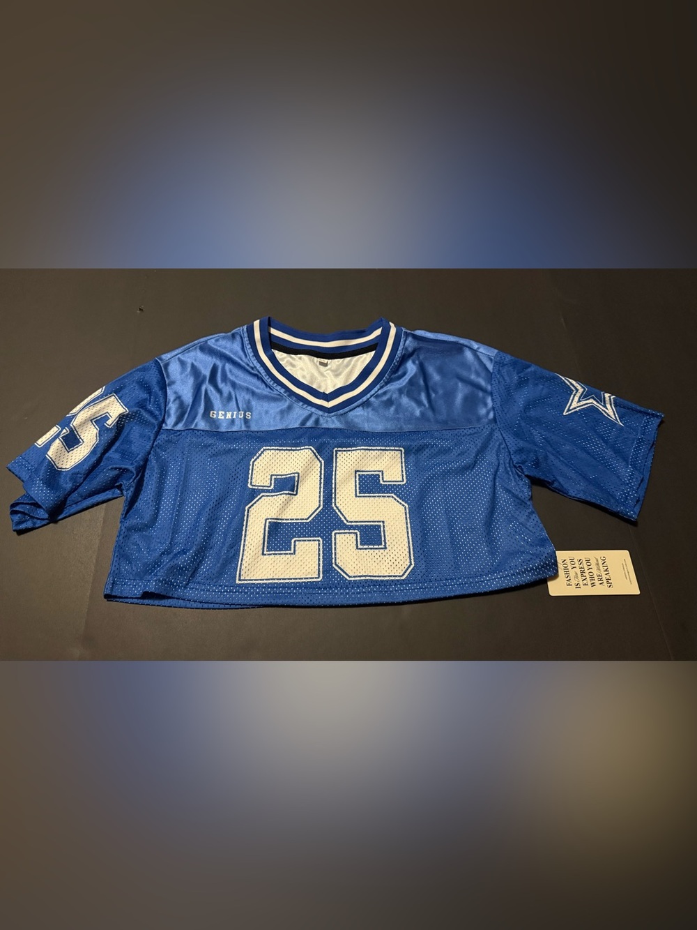 Amazon Blue and White '25' Mesh Sports Crop Top